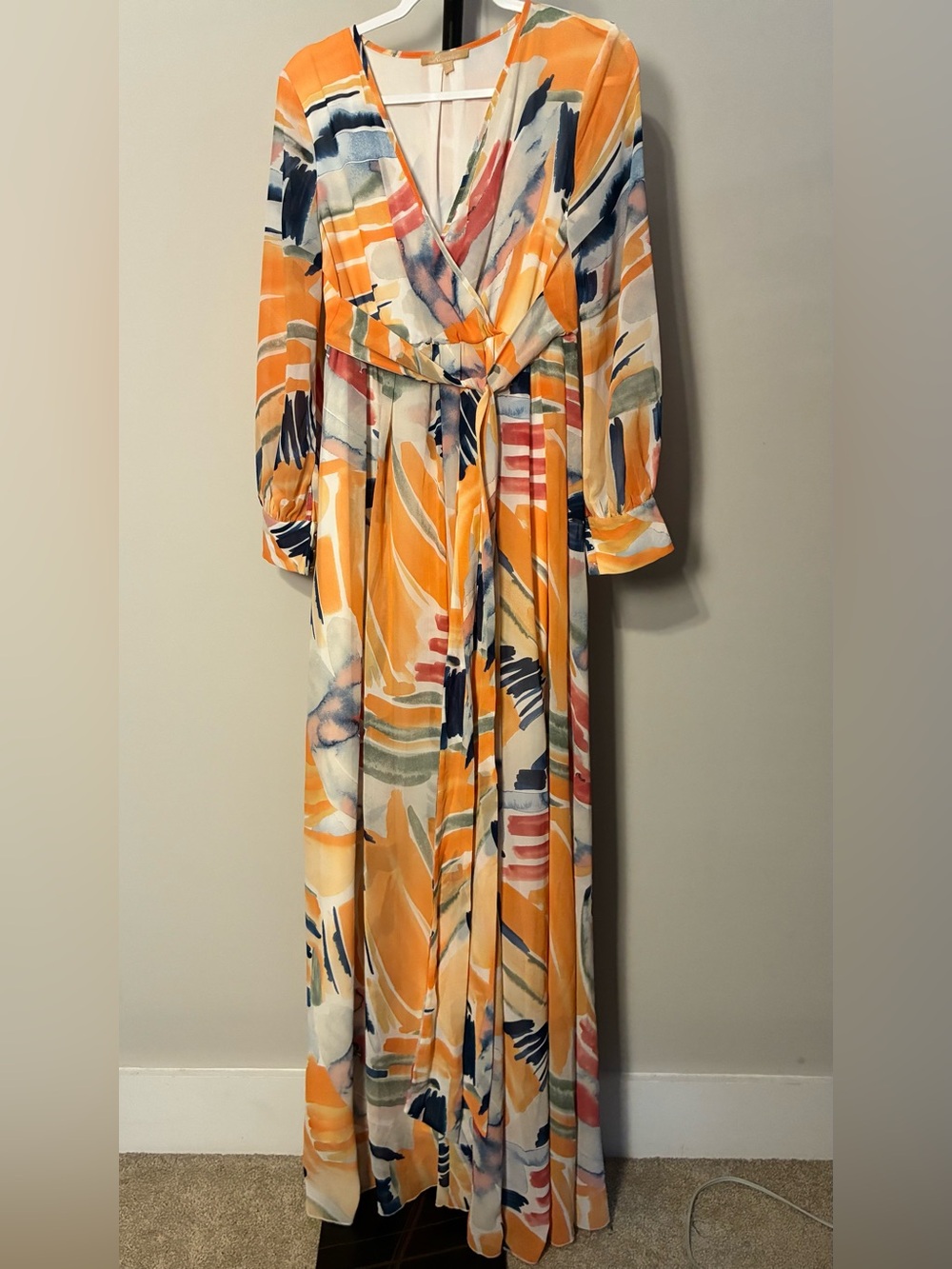 Ricarica Orange Multi Print Maxi Faux Wrap Dress Self-Tie Waist Medium